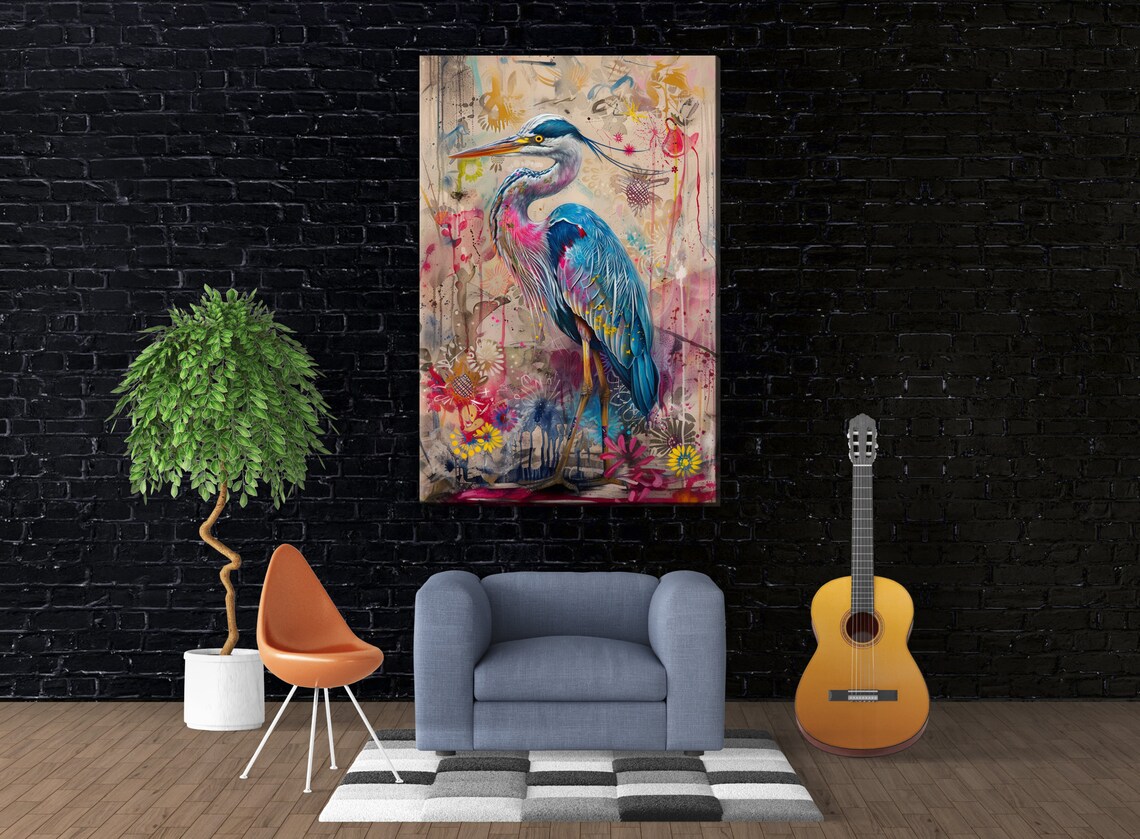 Elegant Blue Heron Among Flowers Wall Art Print - Image 3