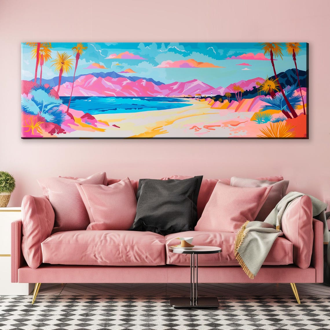 Pastel Beach Panorama Pink Mountains Turquoise Sea Palms Travel Poster - Image 5
