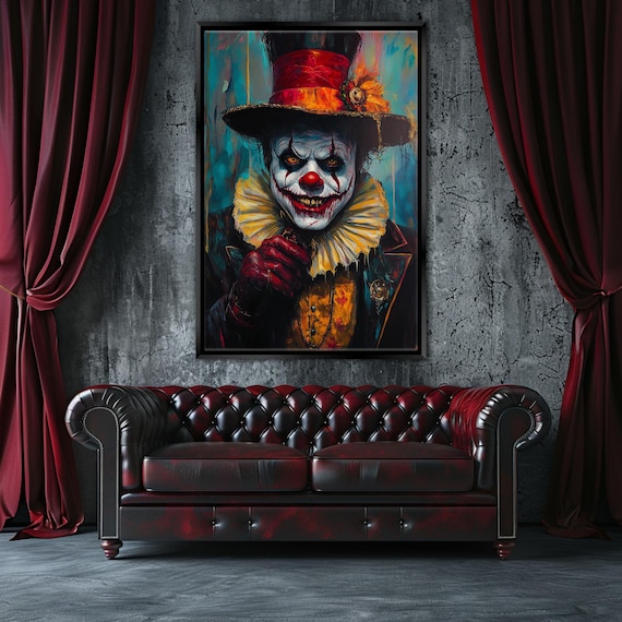 Sinister Horror Clown Portrait Top Hat Gothic Frightening Halloween Wall Art