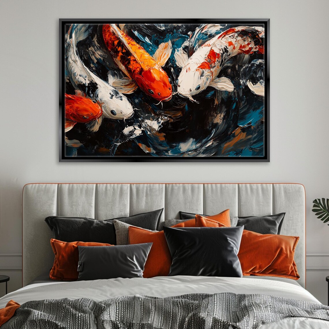 Koi Fish Swimming Dark Water Colorful Oil Painting Art Print