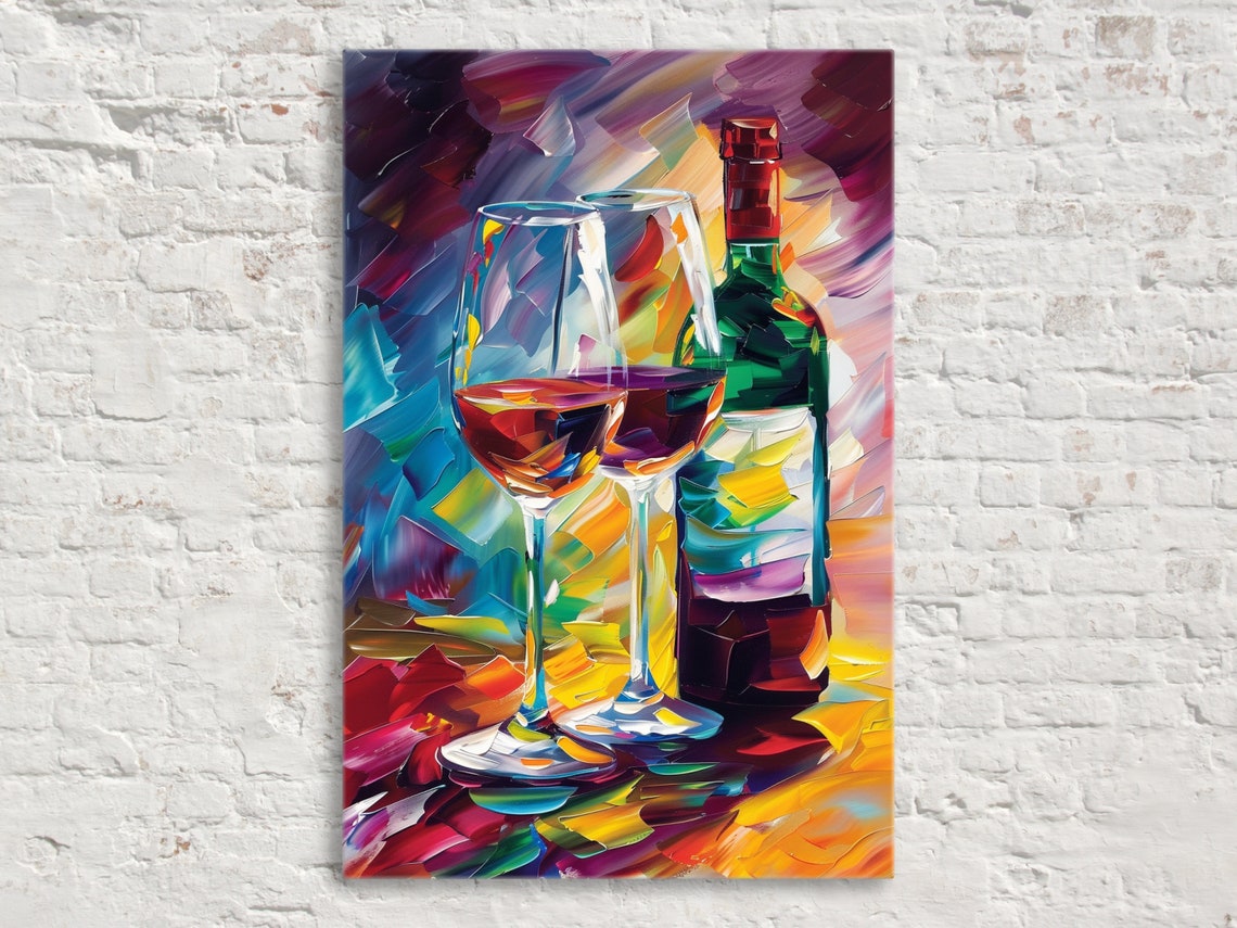 Abstract Red Wine Bottle Two Glasses Colorful Impasto Kitchen Poster