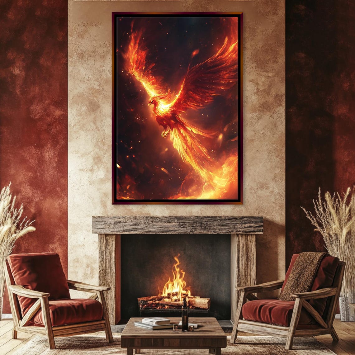 Fiery Phoenix Rising From Flames Mythical Bird Fantasy Wall Art Poster