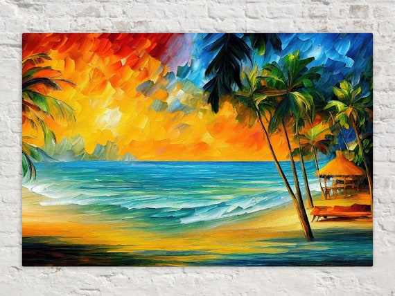 Tropical Beach Print Oil Painting Reproduction Nautical Vibrant Colorful Art