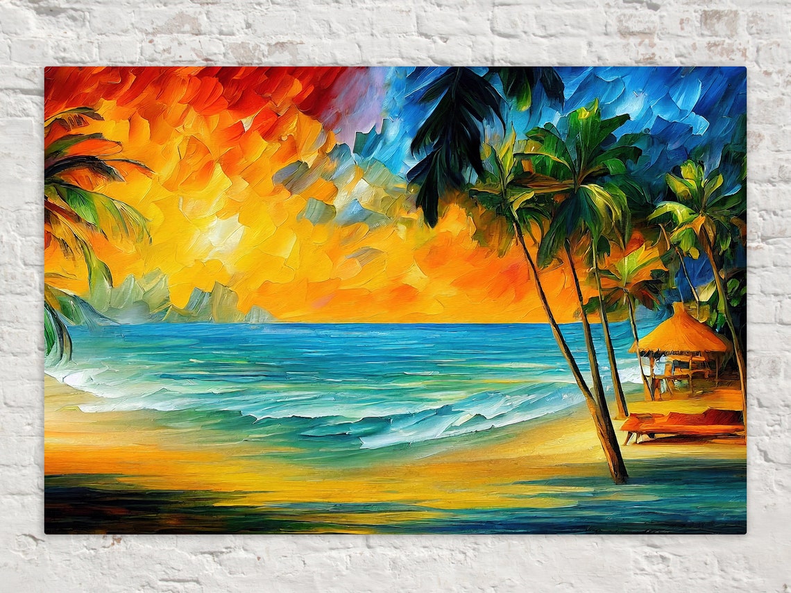 Tropical Beach Print Oil Painting Reproduction Nautical Vibrant Colorful Art
