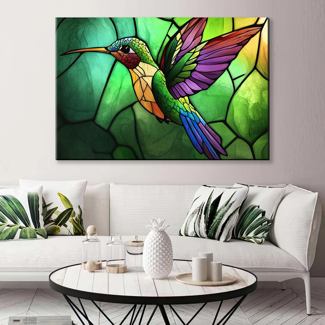 Stained Glass Style Hummingbird In Flight Green Background Bird Poster - Image 5