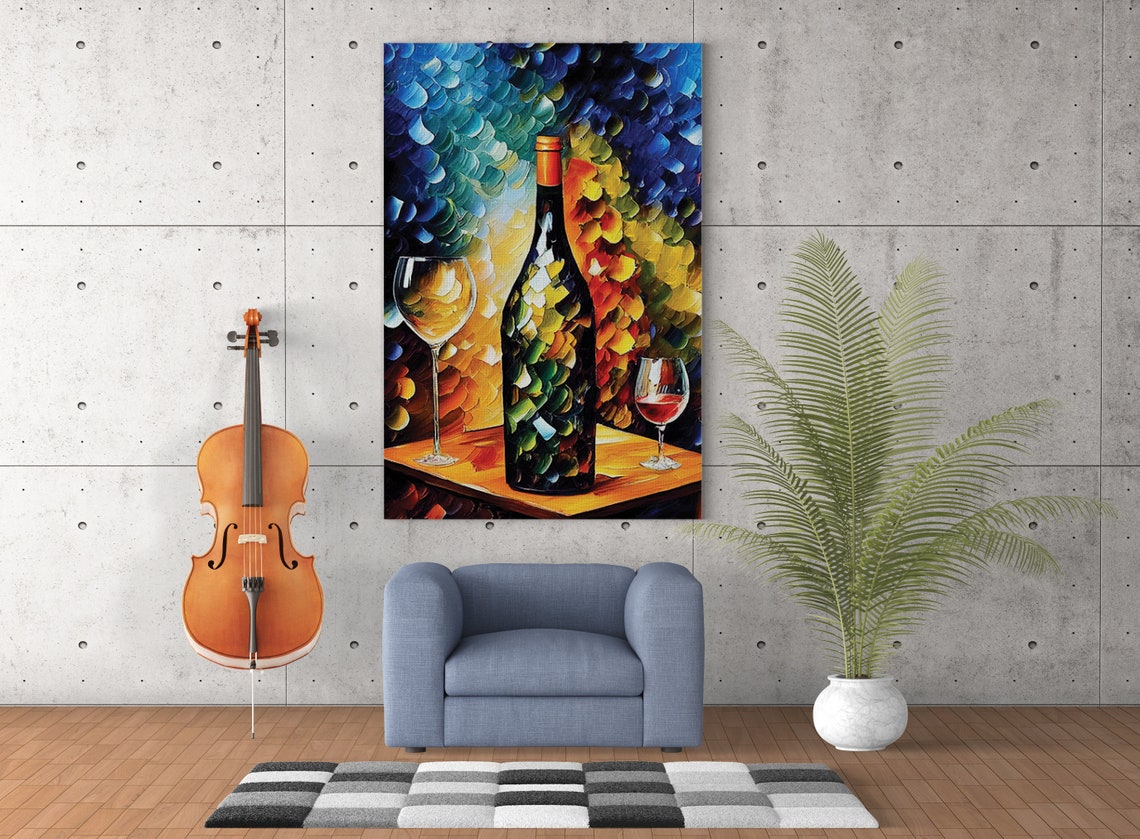 Wine Bottle Glasses Colorful Impasto Still Life Kitchen Art Poster - Image 2