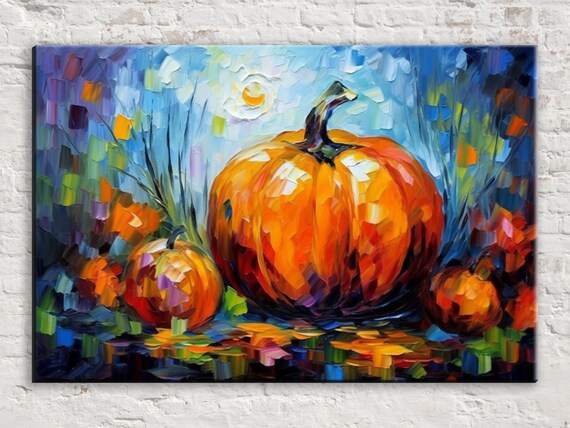 Pumpkins at Night Impasto Painting Harvest Moon Fall Art Poster
