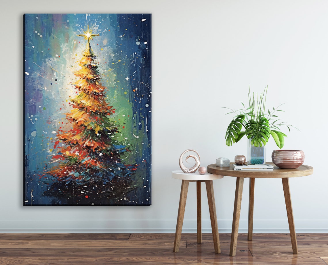Festive Golden Christmas Tree Blue Night Starry Sky Painting Art Print - Image 3