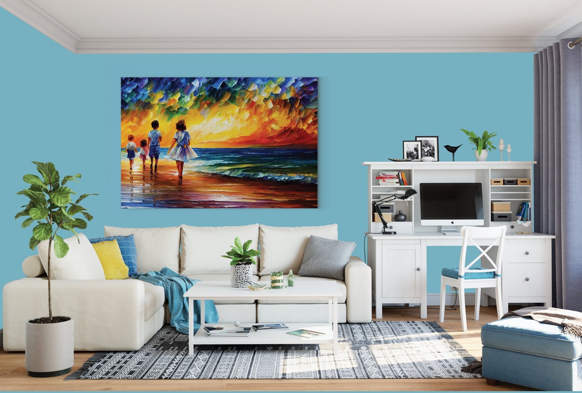 Children Walking Beach Sunset Colorful Ocean Family Art Poster - Image 3