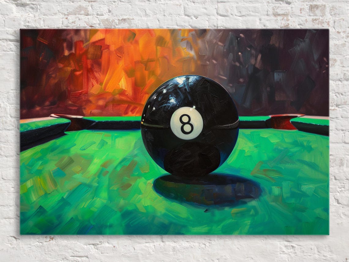 Classic 8 Ball Pool Table Scene Oil Painting Billiards Game Room Print