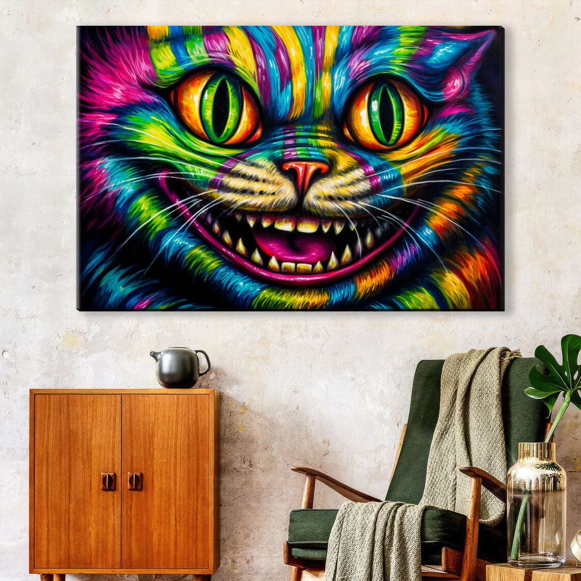Neon Rainbow Cheshire Cat Grinning Face Psychedelic Wonderland Art Poster - Image 3