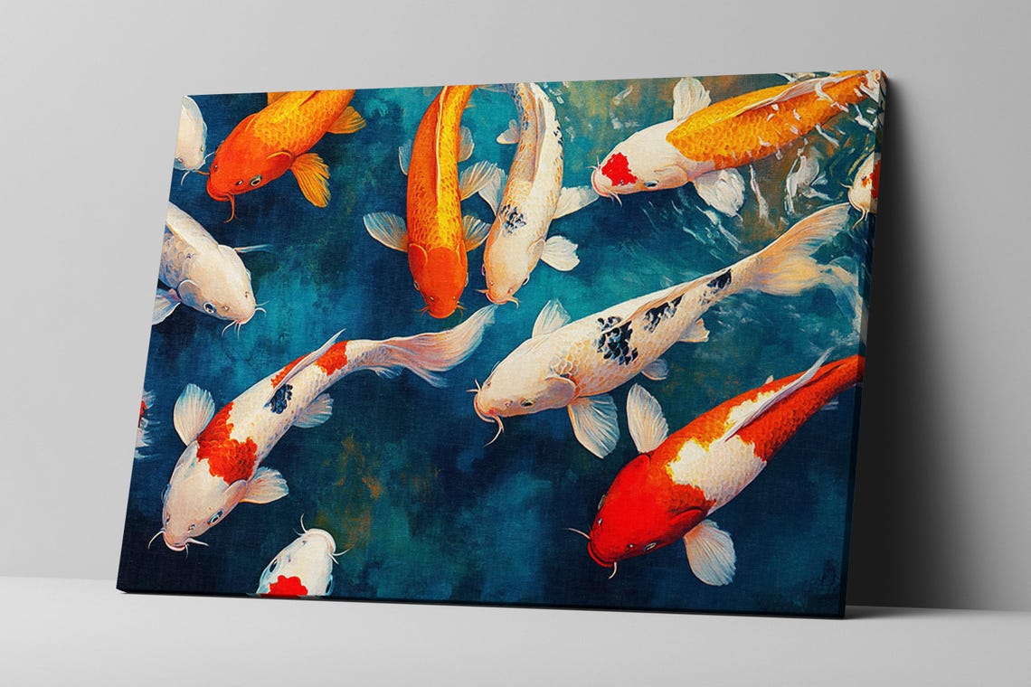 Koi Fish School Turquoise Water Colorful Orange White Art Print - Image 2