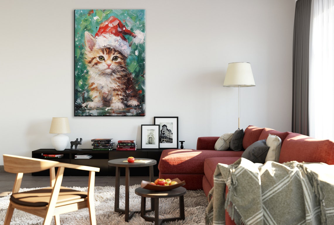 Cute Tabby Kitten In Santa Hat Painterly Christmas Cat Art Wall Poster - Image 2
