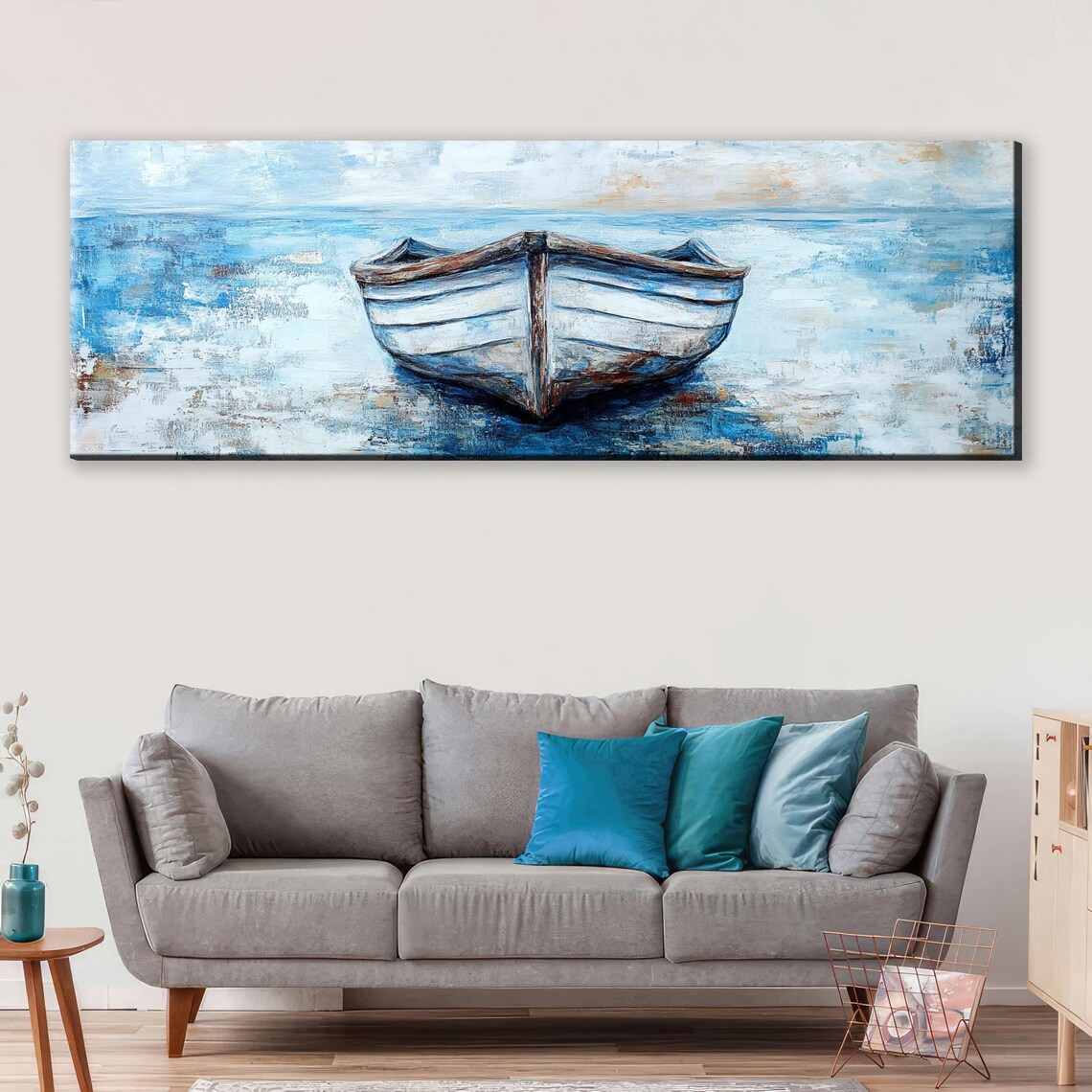 Panoramic Weathered Boat Blue White Coastal Nautical Long Horizontal Wall Art - Image 5