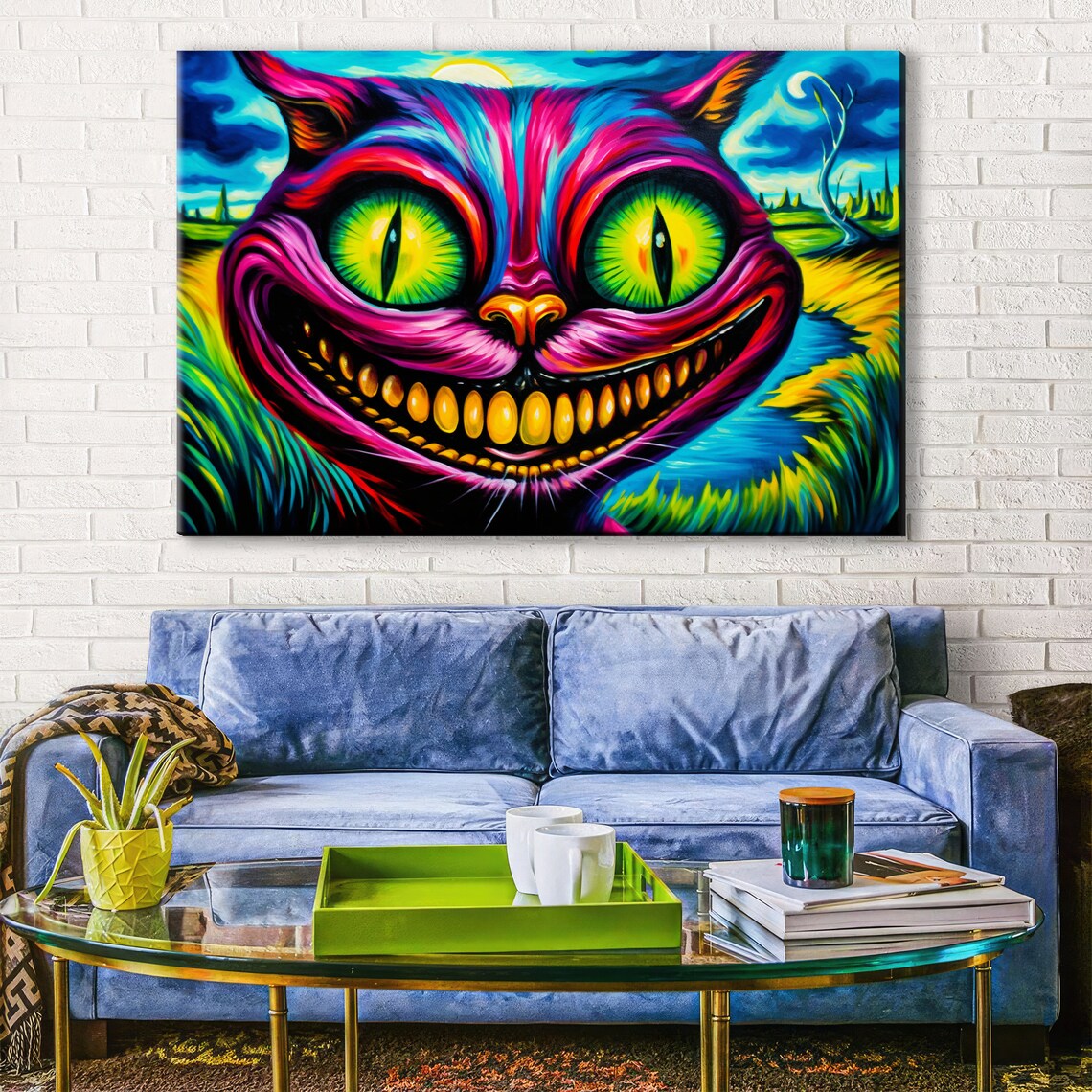 Psychedelic Cheshire Cat Huge Green Eyes Toothy Grin Surreal Art Wall Poster - Image 4