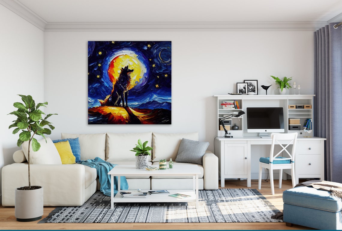 Wolf Howling At Moon Starry Night Blue Sky Wildlife Art Poster - Image 2
