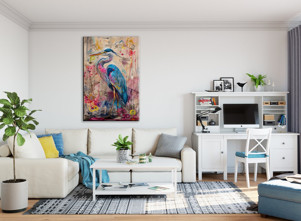 Elegant Blue Heron Among Flowers Wall Art Print - Image 2