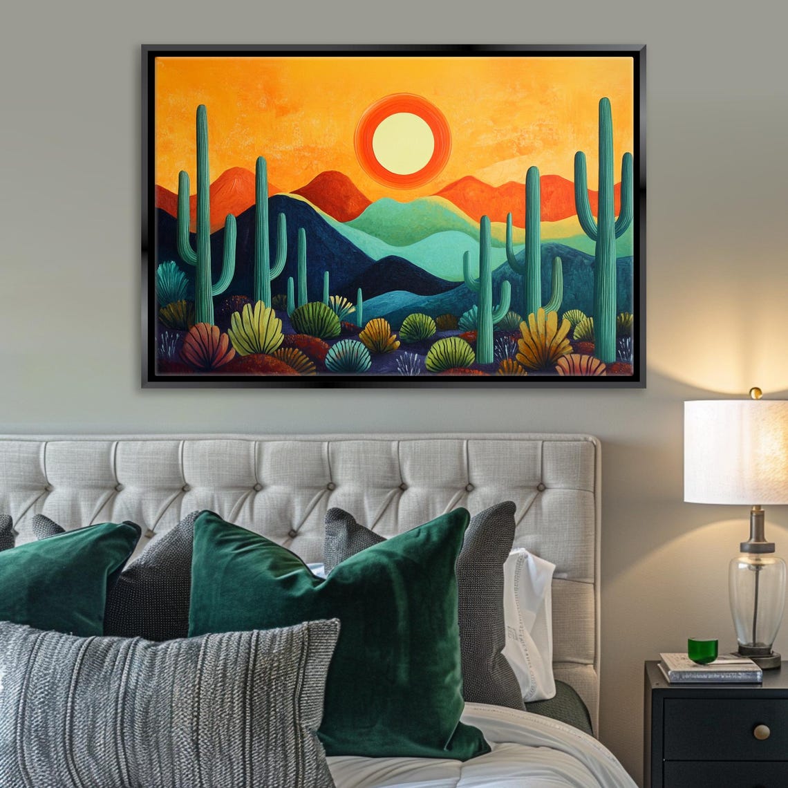 Mid Century Modern Desert Sun Saguaro Cactus Mountain Landscape Poster - Image 3