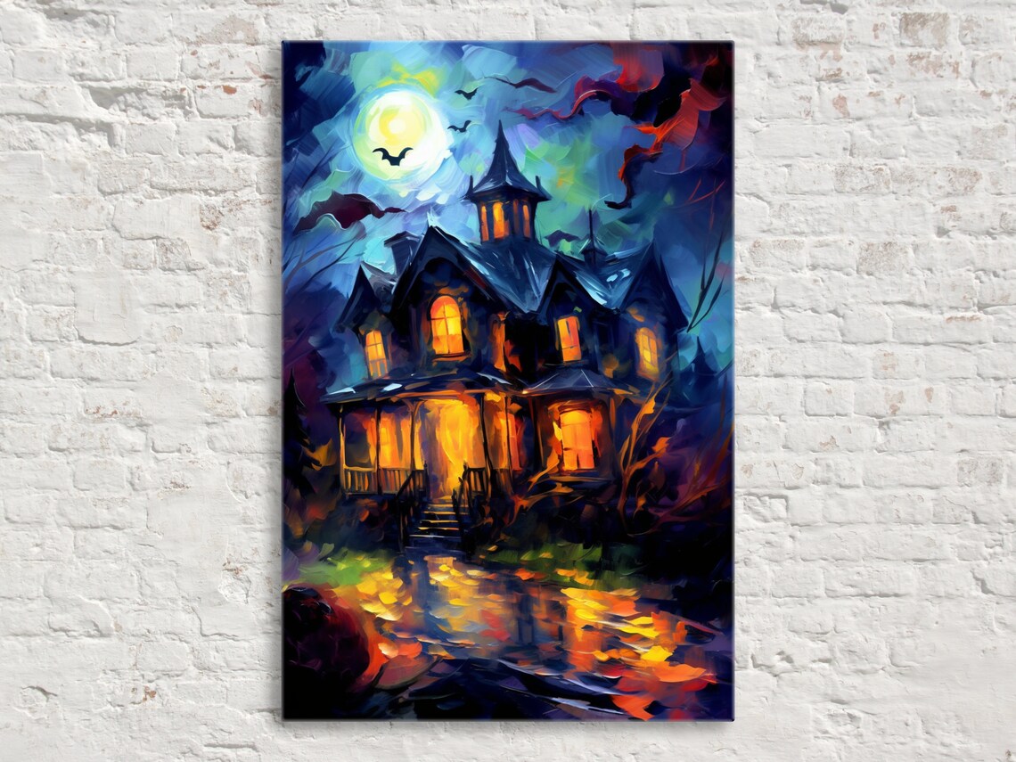 Eerie Haunted Victorian House Full Moon Bats Night Oil Painting Poster