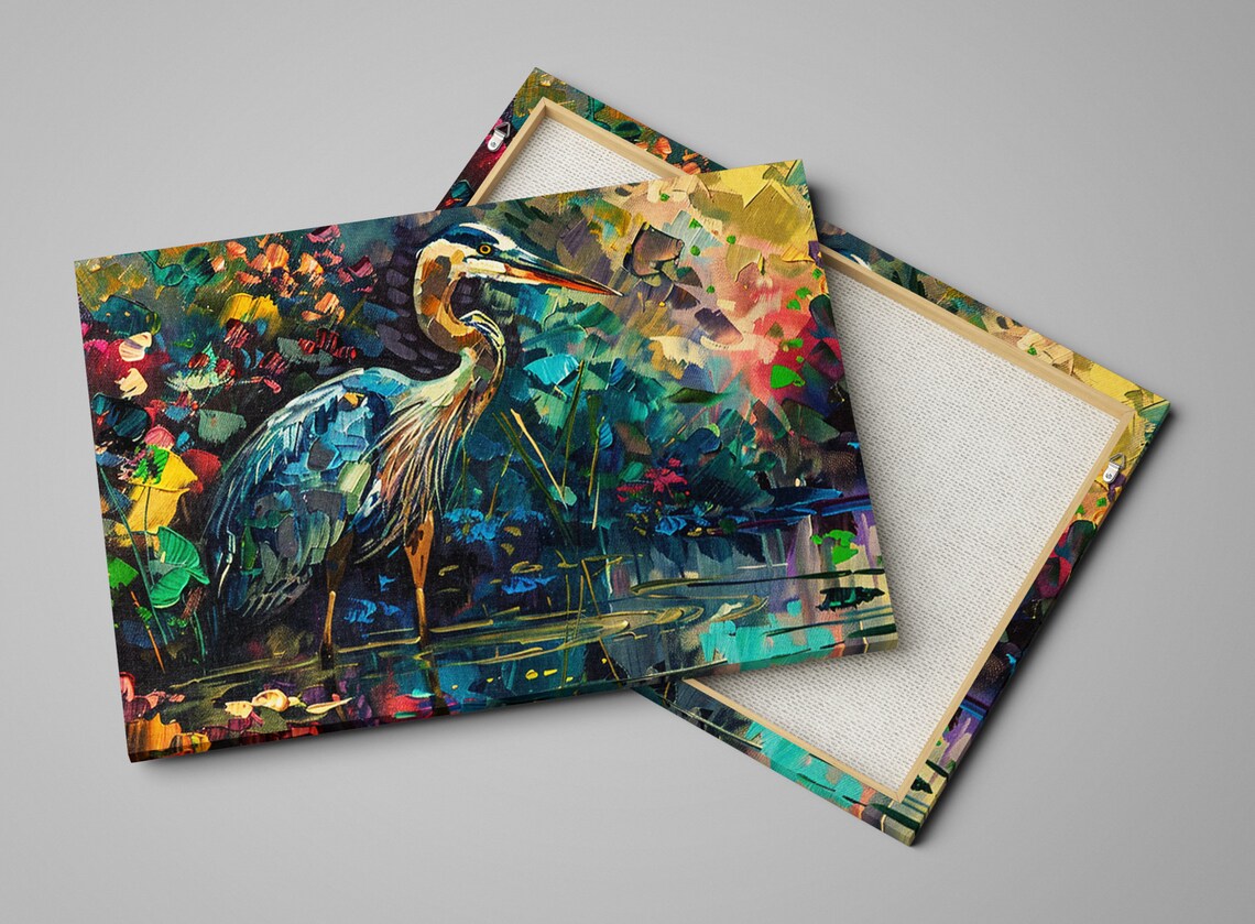 Colorful Blue Heron Vibrant Wetlands Oil Painting Impasto Art Poster - Image 4