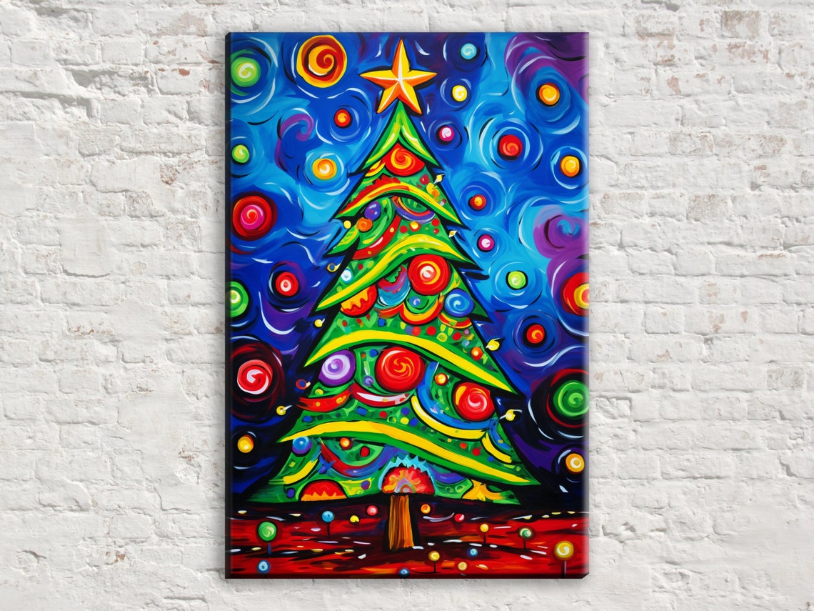 Chromatic Festive Christmas Tree Rainbow Swirl Starry Night Art Poster