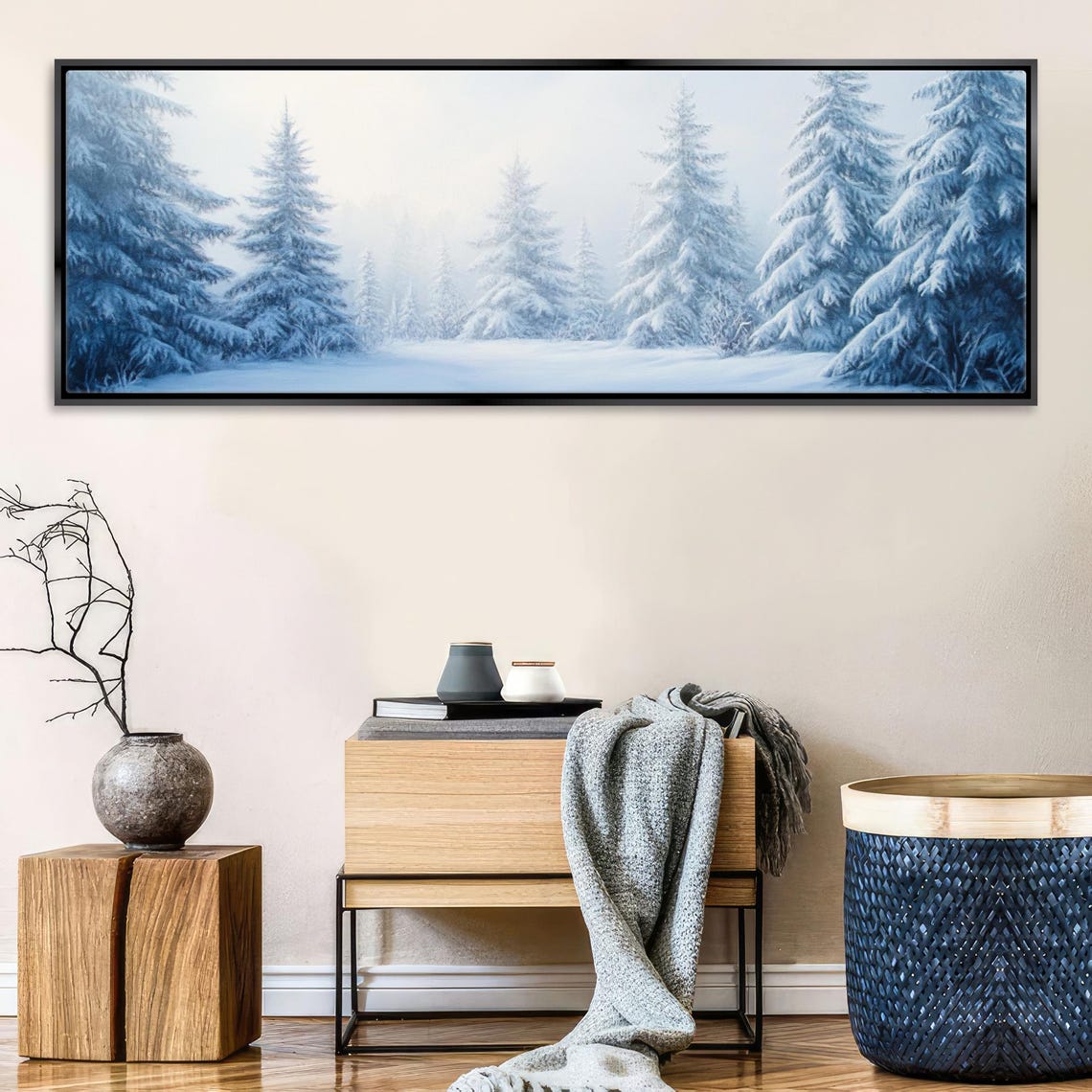 Snowy Blue Pine Forest Winter Trees Misty Still Night Panoramic Poster - Image 4