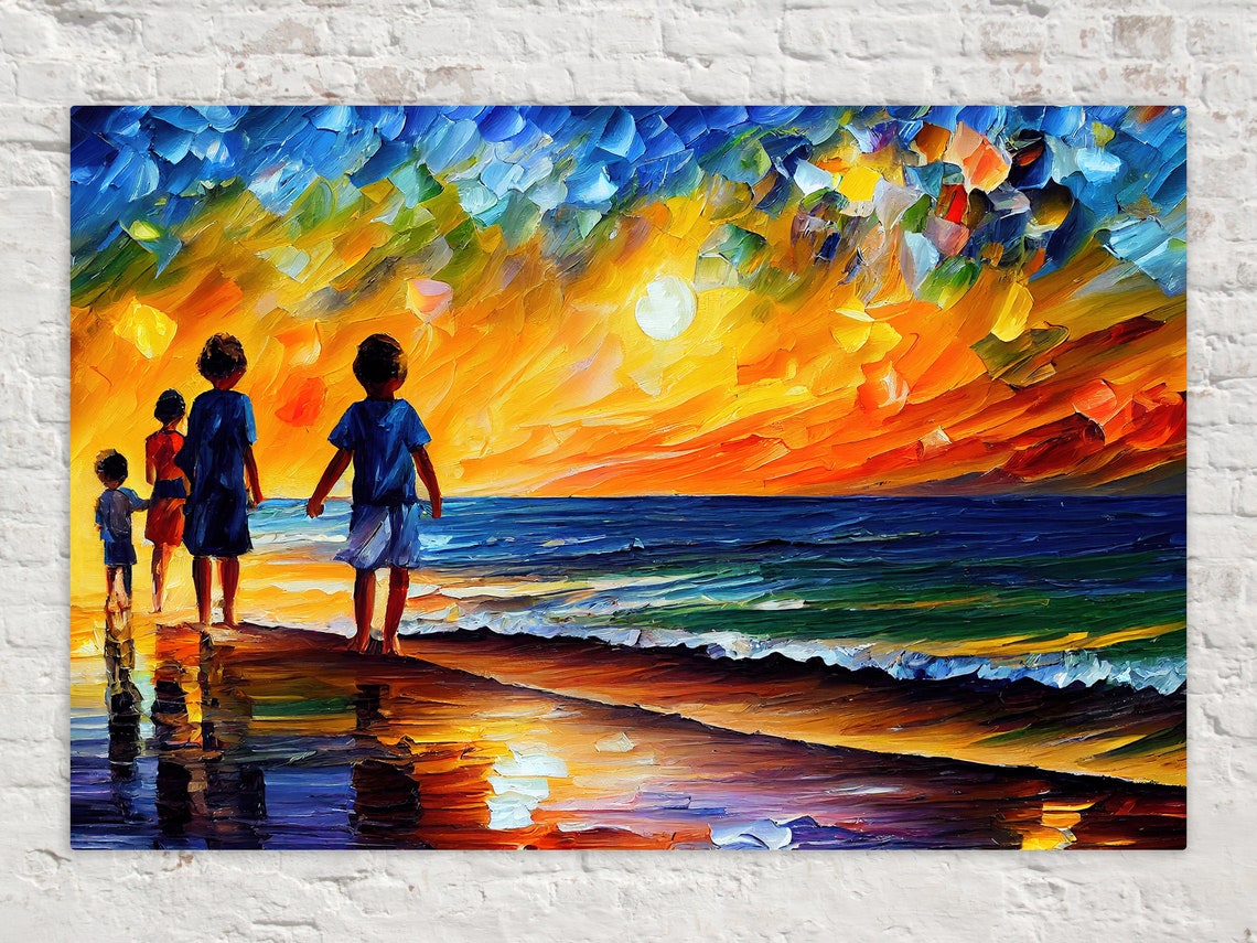 Kids Running on Golden Sunset Beach Silhouettes Ocean Waves Poster