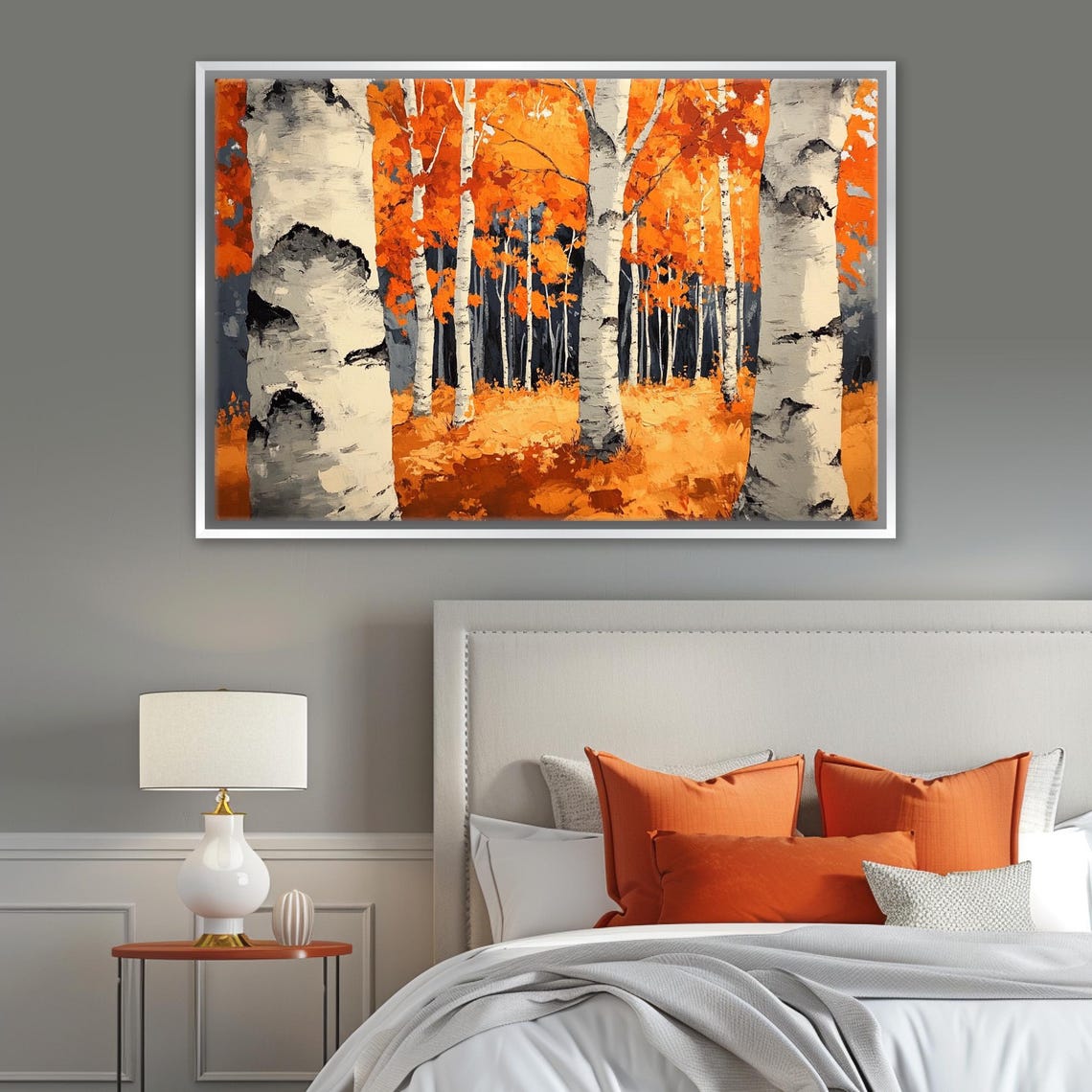 Birch Tree Trunks Close Up White Bark Orange Autumn Leaves Art Poster - Image 4
