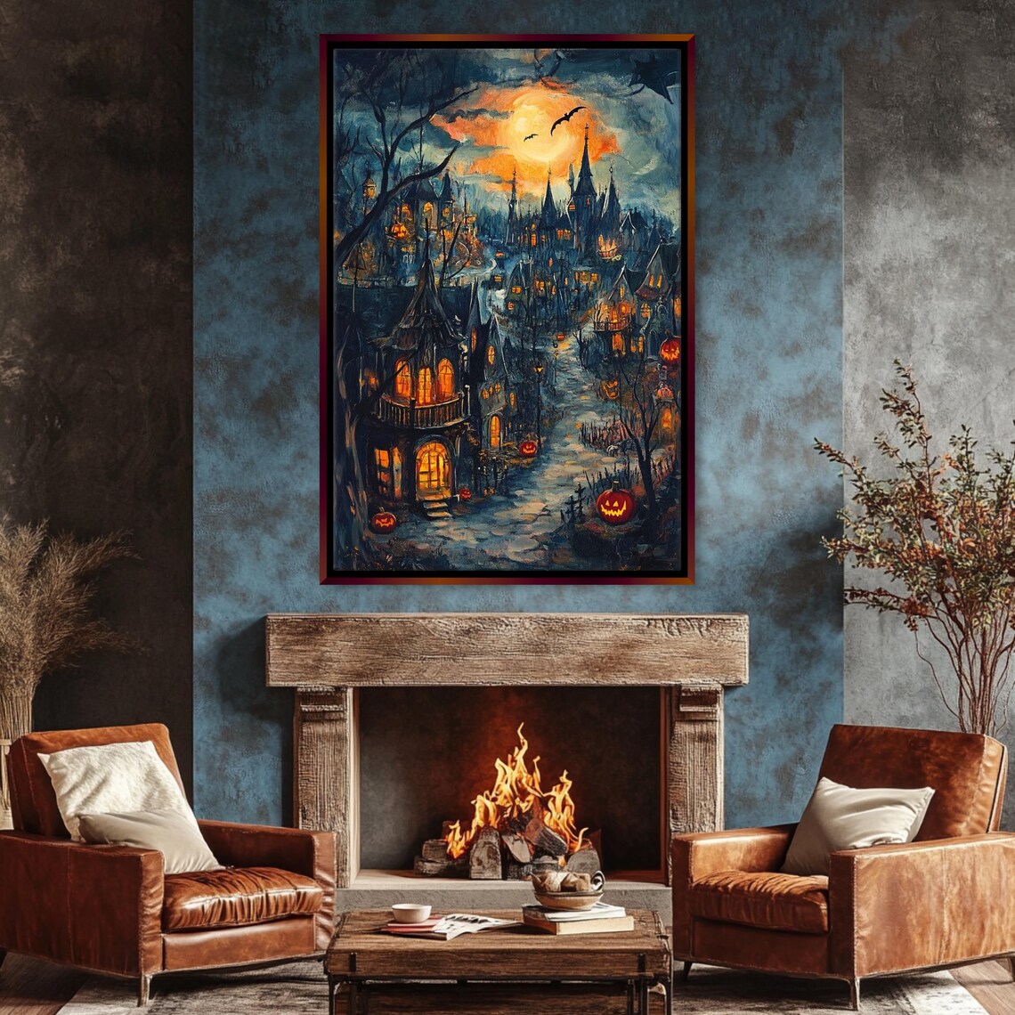 Spooky Gothic Halloween Town Full Moon Jack O Lanterns Night Street Poster - Image 3
