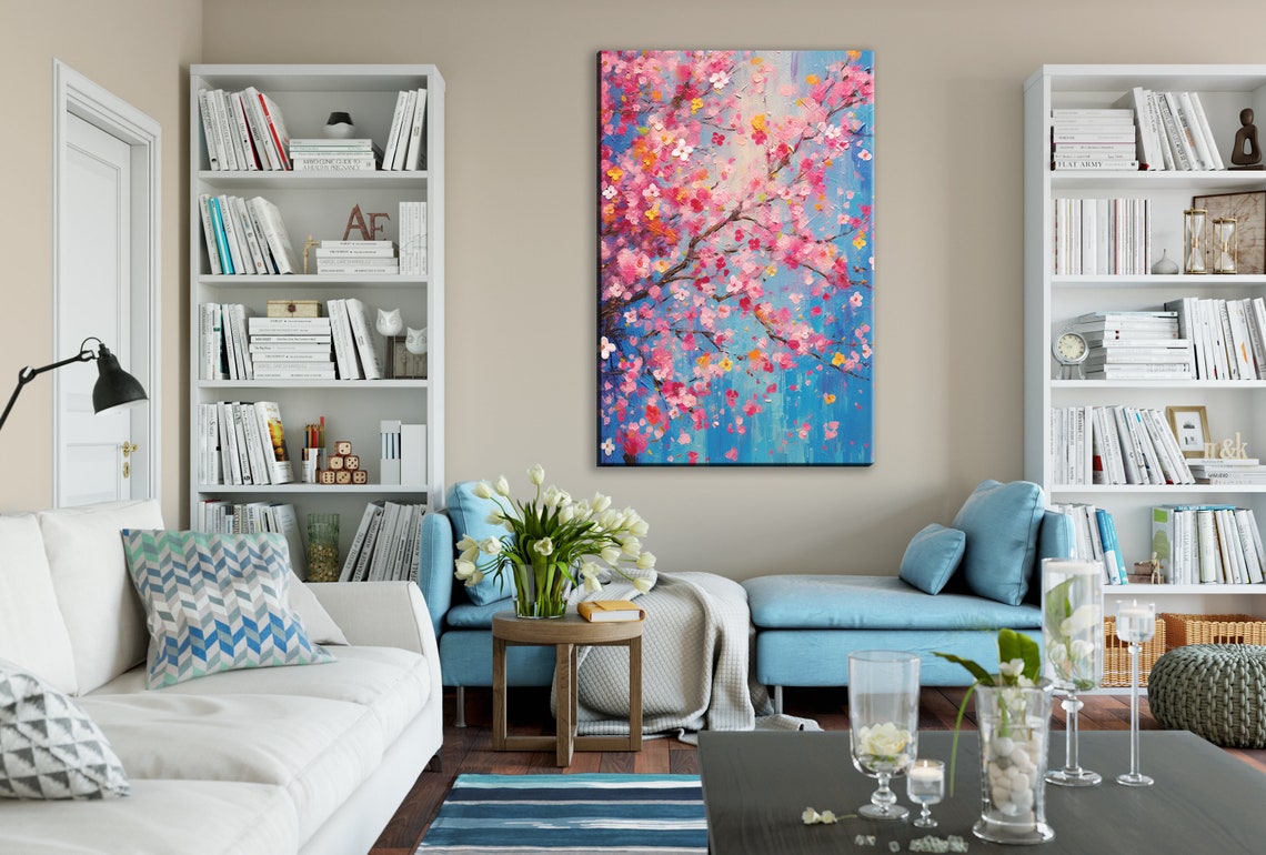 Pink Cherry Blossom Branches Blue Sky Impasto Spring Floral Poster - Image 2
