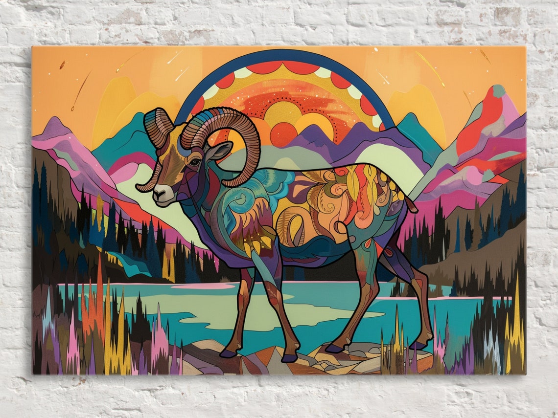 Colorful Bighorn Sheep Mountain Lake Psychedelic Collage Art Poster