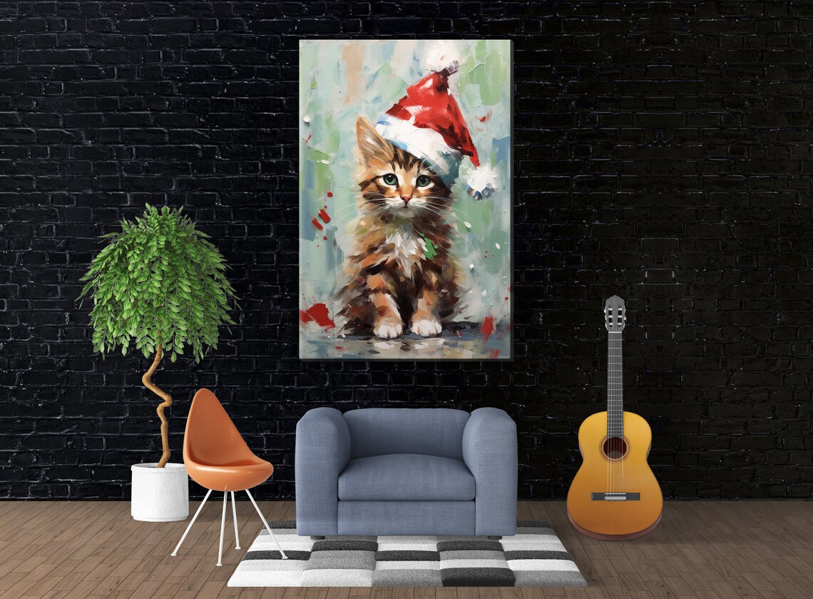 Sweet Tabby Kitten In Santa Hat Soft Christmas Cat Portrait Art Poster - Image 4