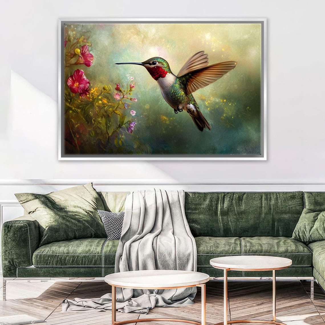 Hummingbird In Flight Oil Painting Style With Pink Flowers Bird Art - Image 4