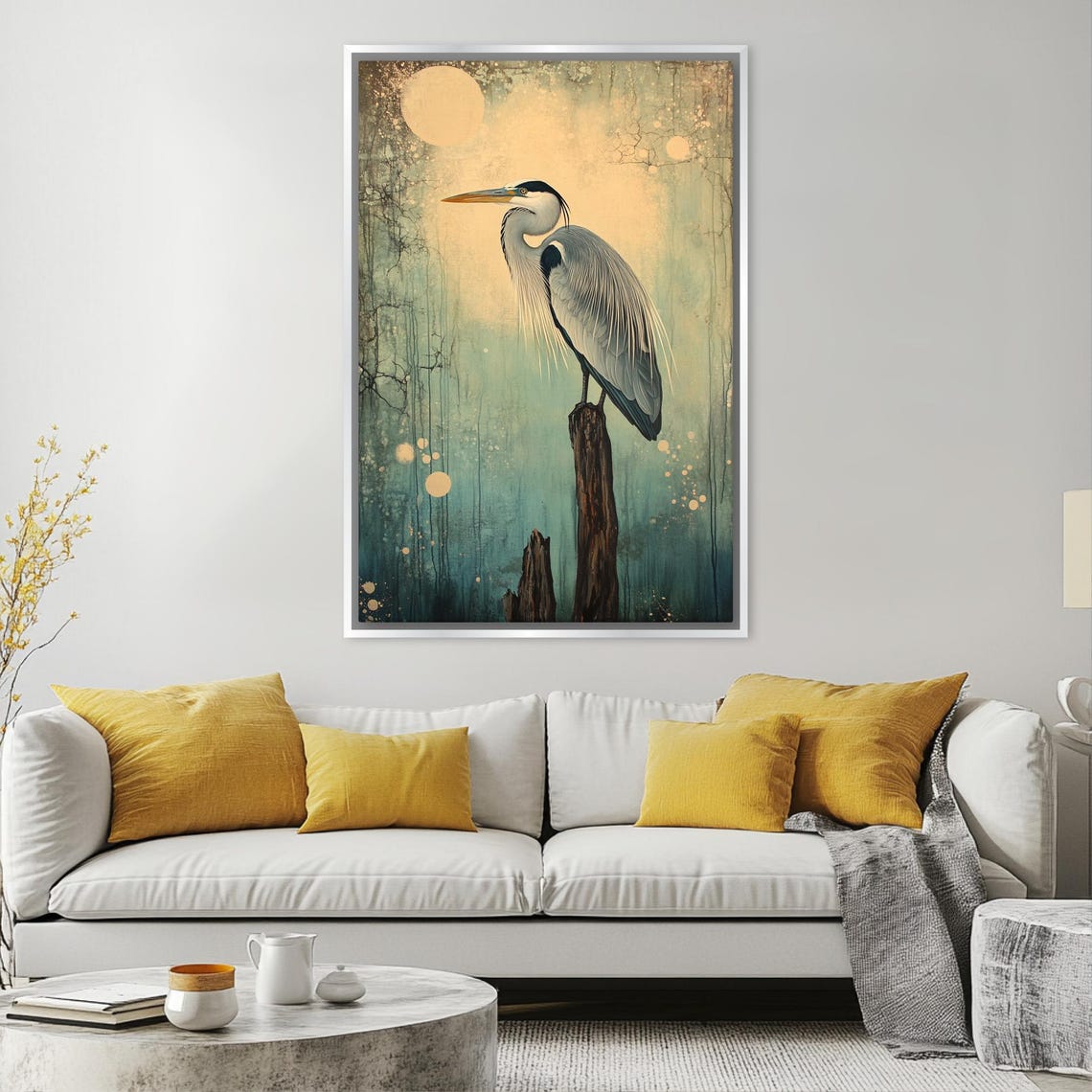Great Blue Heron On Post Full Moon Vintage Muted Teal Bird Art Poster - Image 5
