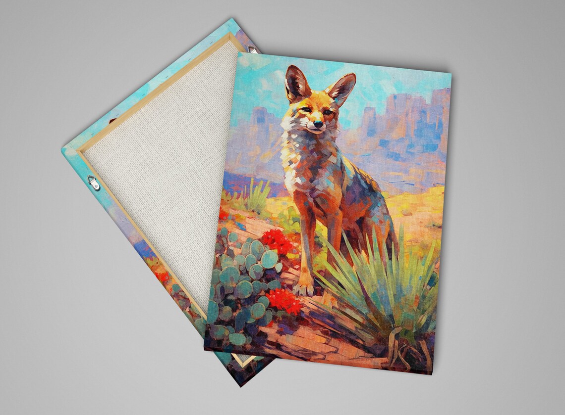 Colorful Desert Fox Southwest Wildlife Painting Cactus Canyon Scene Large Wall Art - Image 4