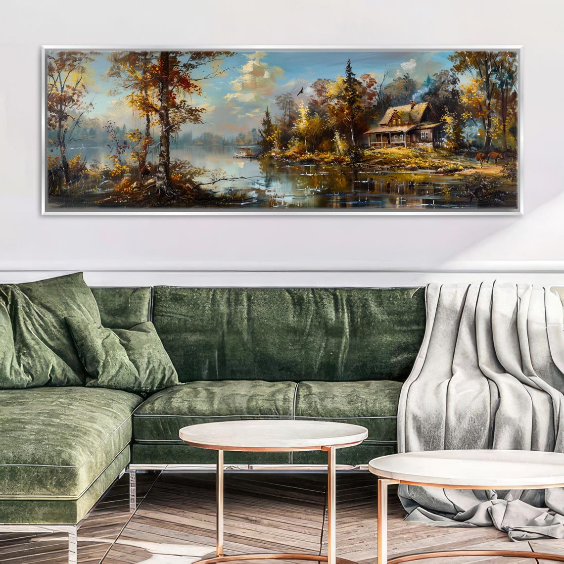 Rustic Cabin On The Lake Panoramic Framed Or Unframed Long Horizontal Gallery Wrapped Gicle Ready To Hang Extra Large Wall Art - Image 3