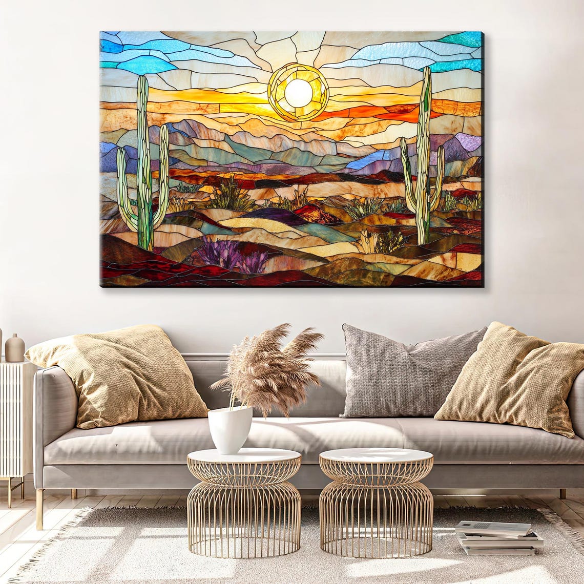 Stained Glass Desert Valley Sunrise Saguaro Cacti Horizontal Art - Image 4