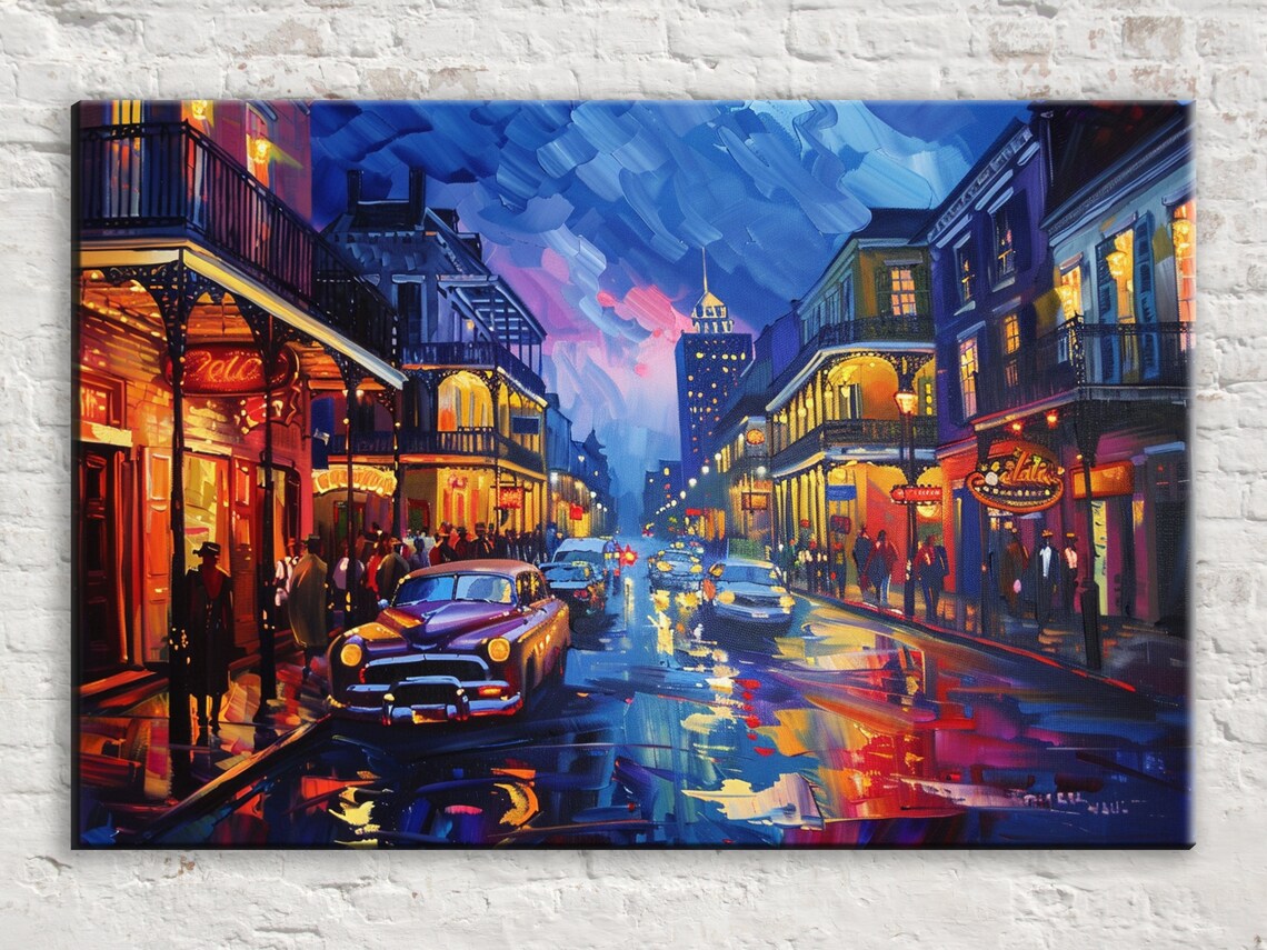 French Quarter Night Rain Vintage Car Wet Street City Wall Art Poster
