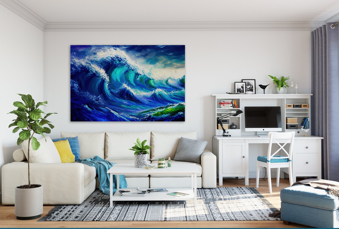 Blue Ocean Wave Surf Painting, Nautical Art Print - Image 2