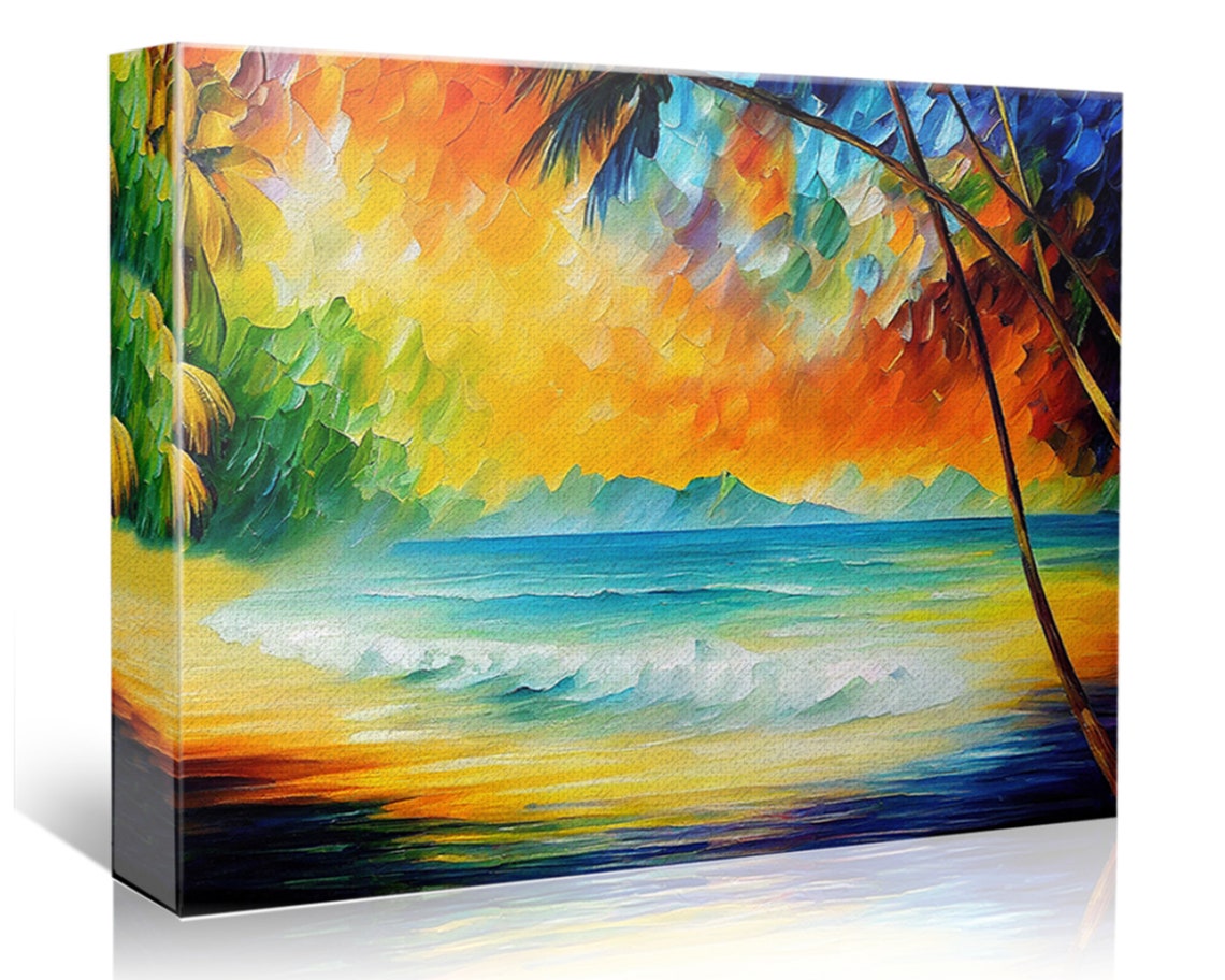 Tropical Beach Sunset Waves Framed by Palm Leaves Island View Poster - Image 5