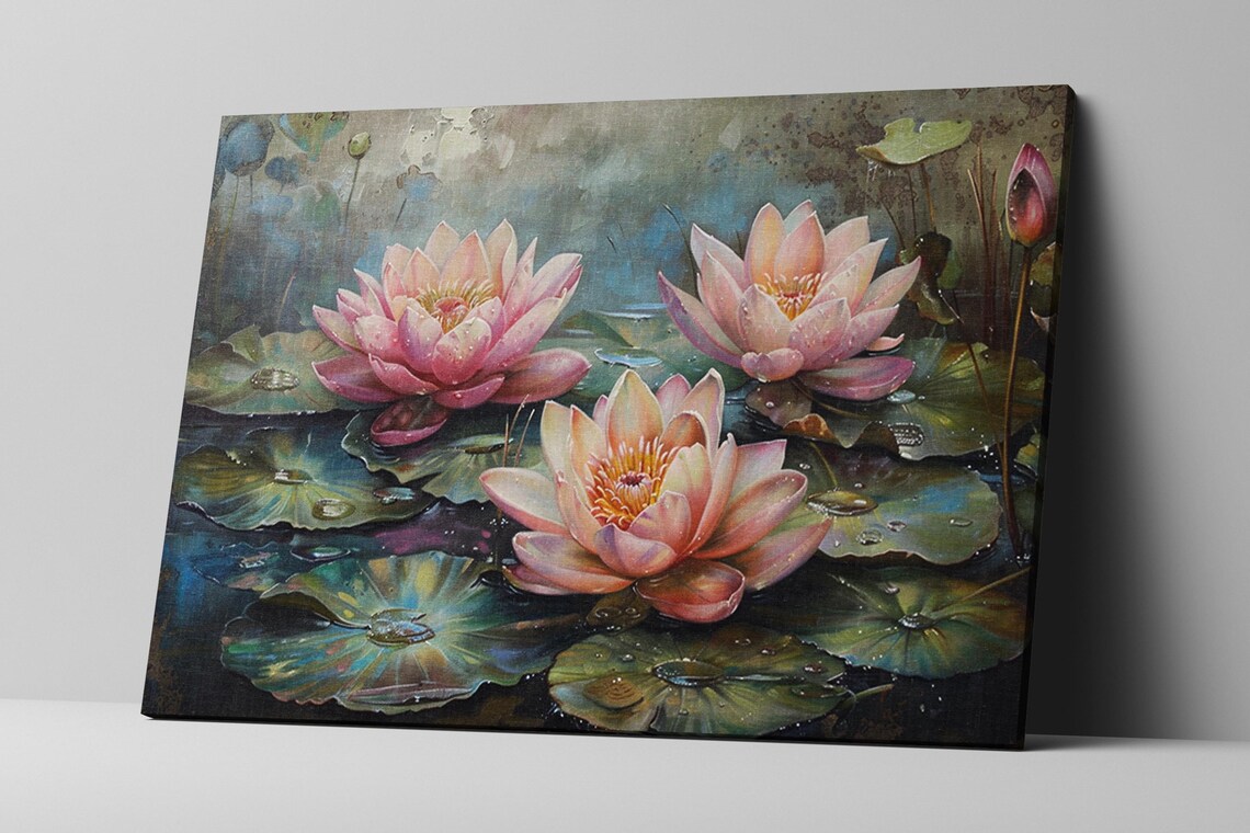 Soft Pink Lotus Blossoms Lily Pads Misty Blue Pond Floral Art Poster - Image 3