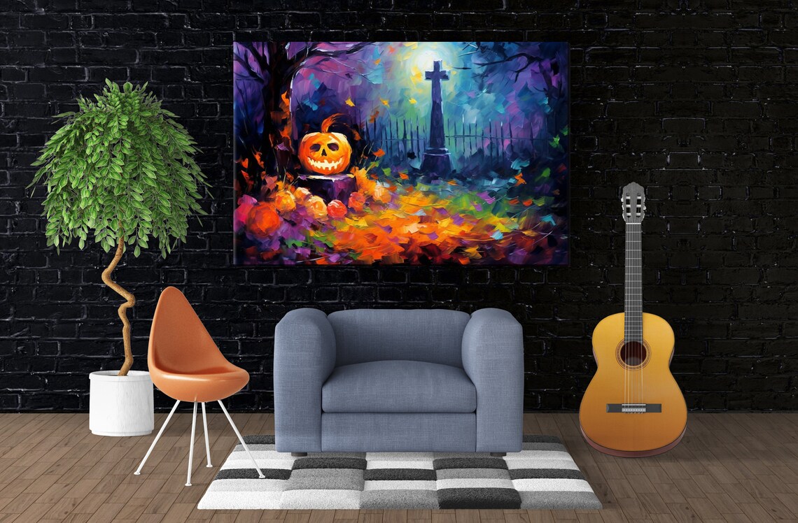 Grinning Jack-O-Lantern Moonlit Graveyard Autumn Night Oil Painting Print - Image 3