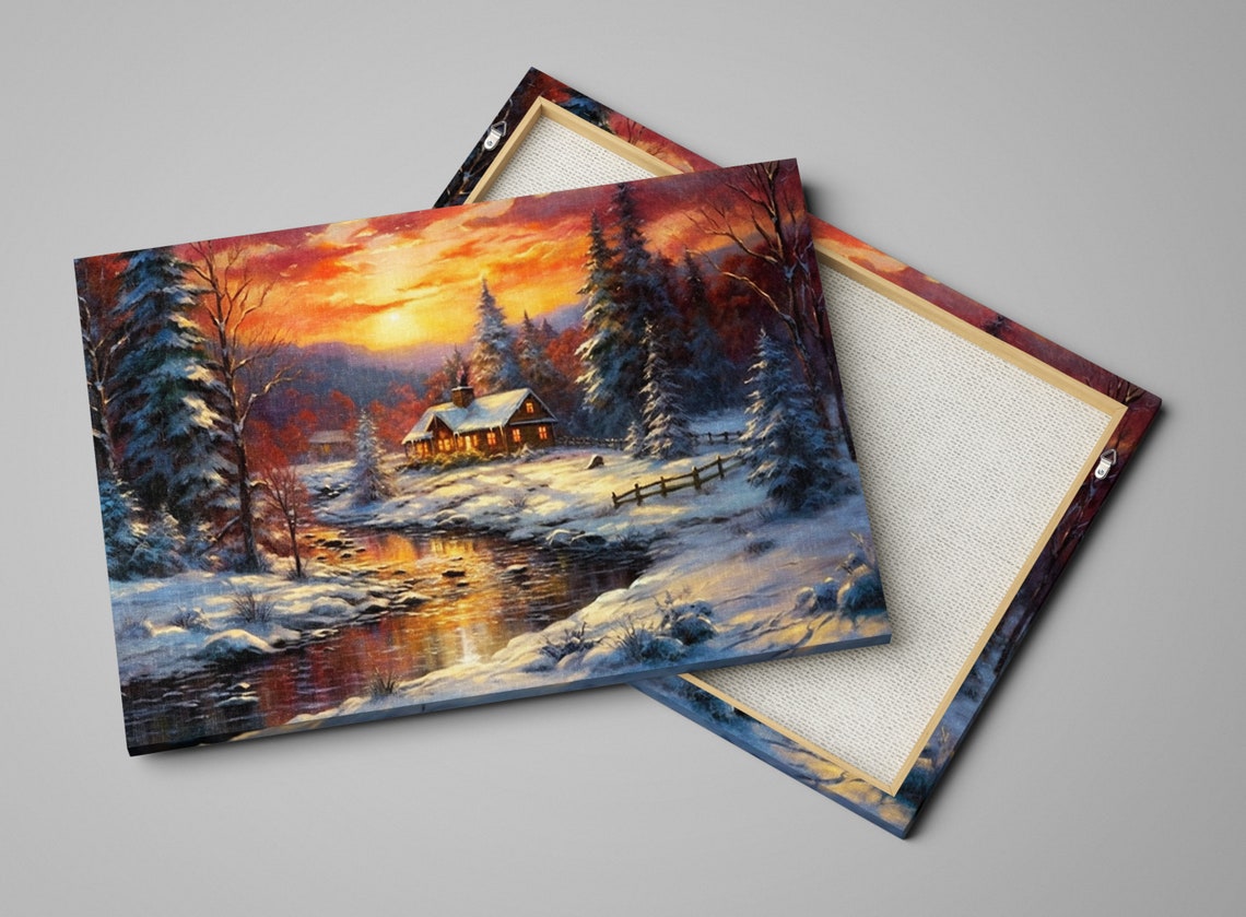 Winter Cabin Sunset Snowy Pines Stream Glowing Windows Cozy Art Print - Image 5