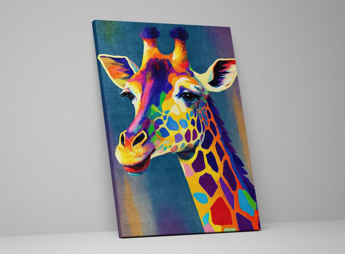 Colorful Giraffe Portrait Pop Art Multicolor Blue Background Wall Art - Image 4