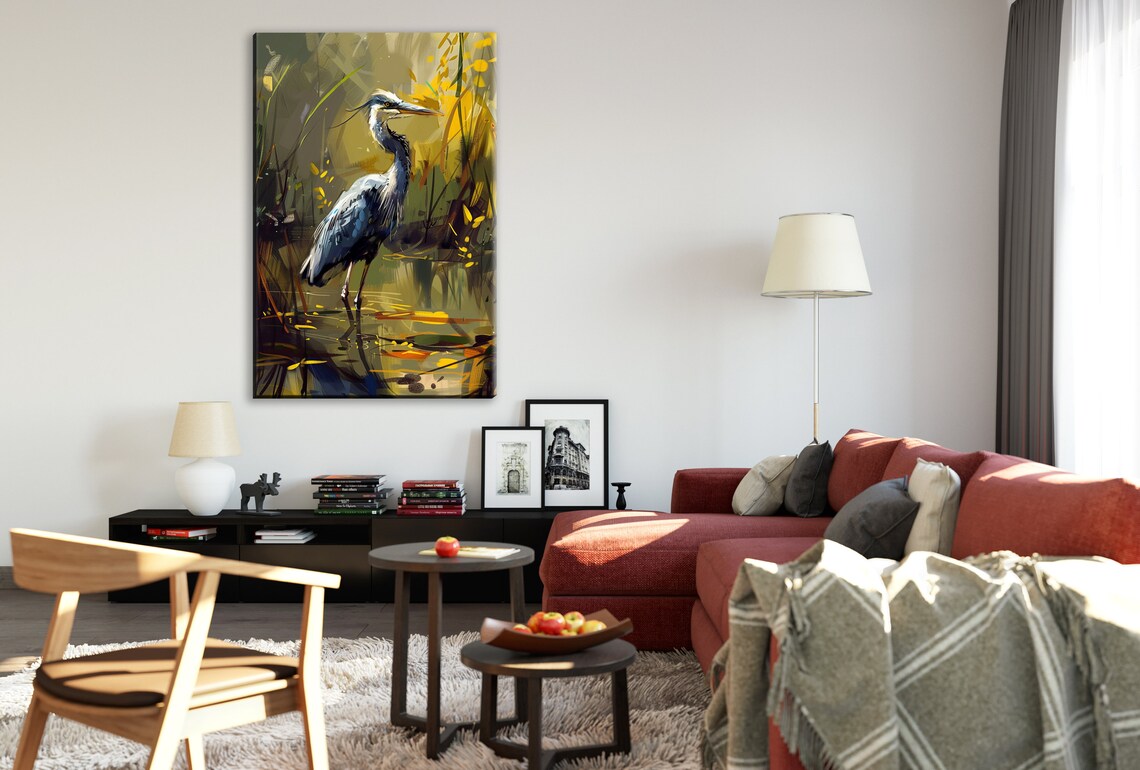Rustic Blue Heron Marshland Scene Wall Art Print - Image 3