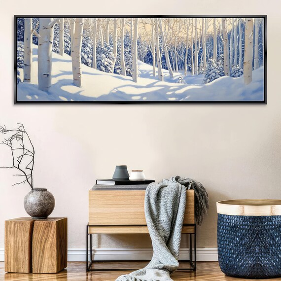 Panoramic Cozy Aspen Trees In Snow Rustic Framed Unframed Long Horizontal Gallery Wrapped Ready To Hang Extra Large Wall Art