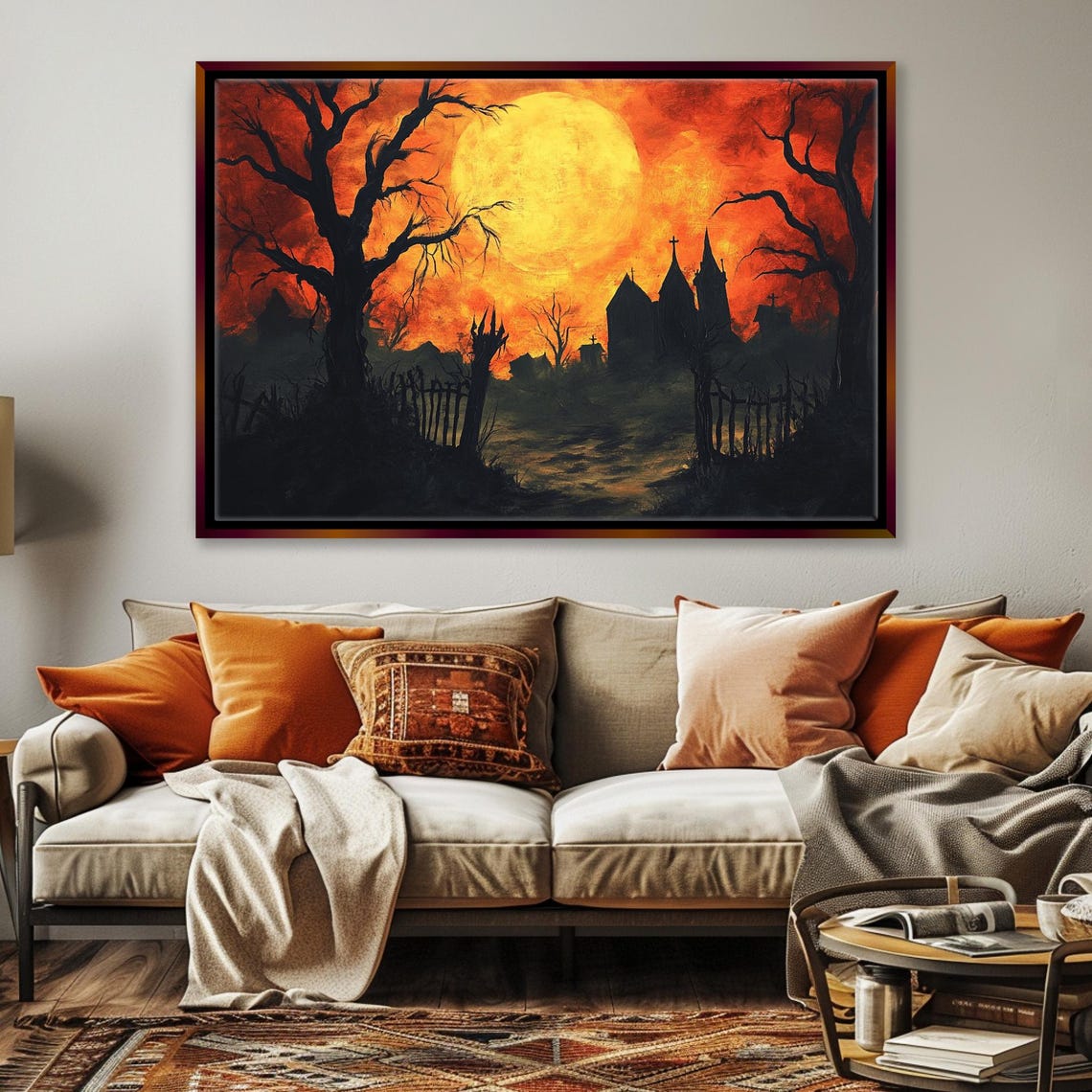 Eerie Halloween Haunted House Sunset Orange Sky Bats Spooky Wall Art - Image 3