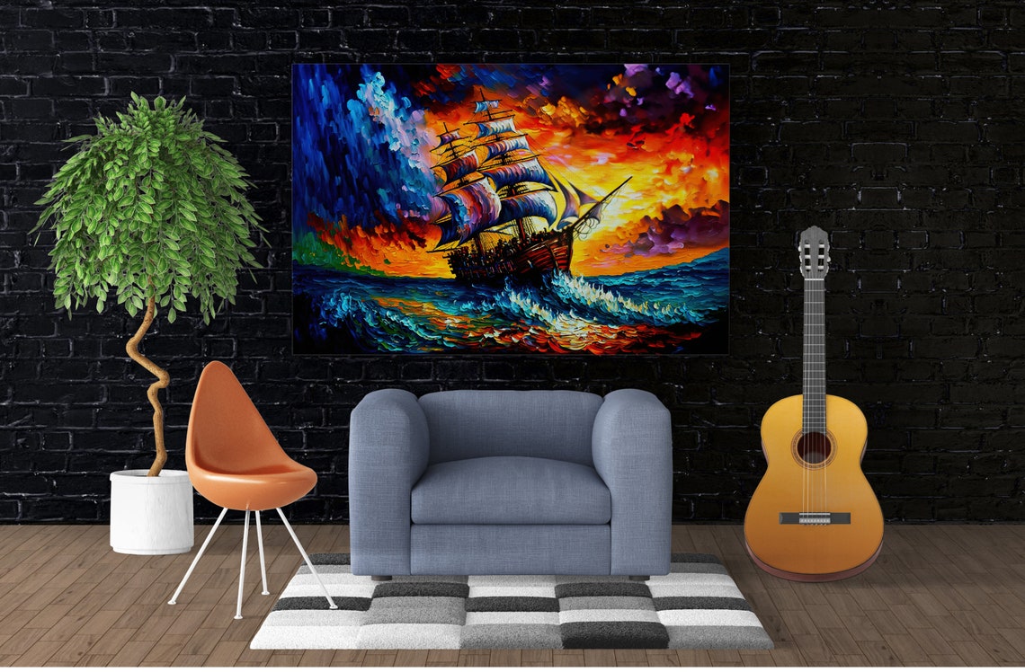 Pirate Ship On Stormy Seas Colorful Acrylic Painting Print Giclee Print - Image 3