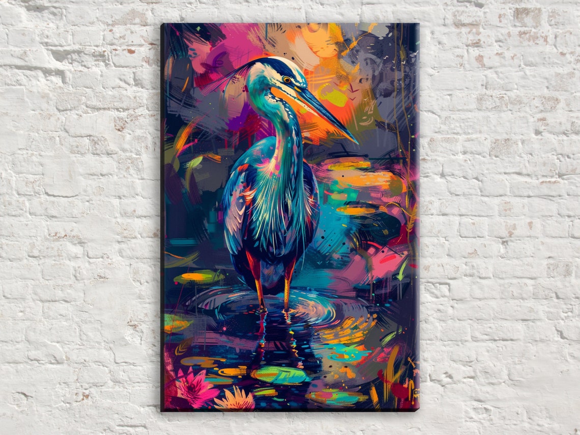 Vibrant Blue Heron Neon Wetlands Expressionist Bird Art Poster