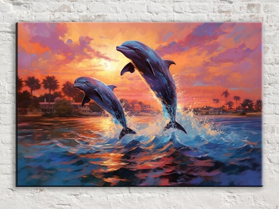 Elegant Dance Pair Of Dolphins Swimming Wall Art Print Giclee Print On Artist Available In Extra Large Sizes